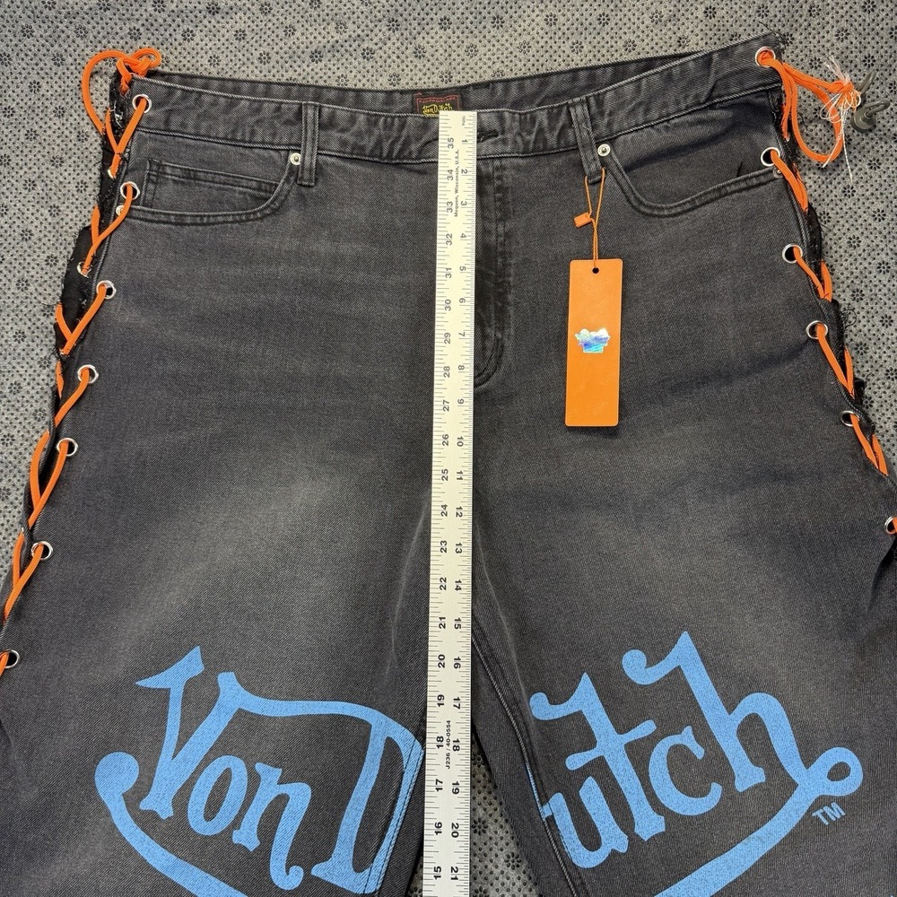 Men's Von Dutch The Reapers Baggy Embroidered Jeans Washed Black Denim Size 36 - Picture 10 of 16